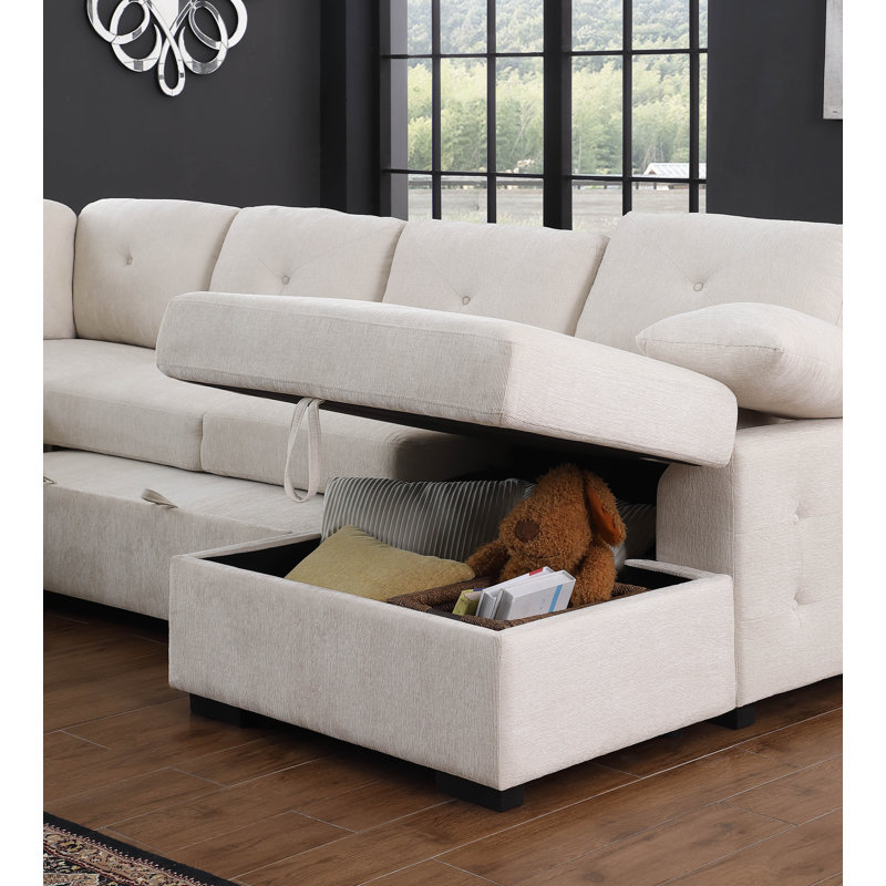 Kewstoke Left Hand Facing Sleeper Sofa Chaise Three Posts Body Fabric Beige Chenille
